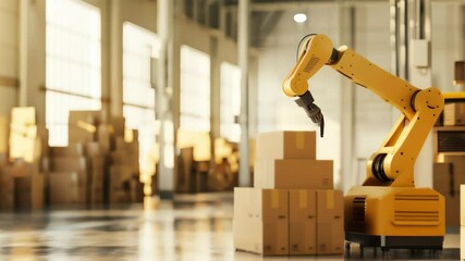 Poster - Yellow robotic arm stacking boxes in a sunlit warehouse, symbolizing automation in logistics.