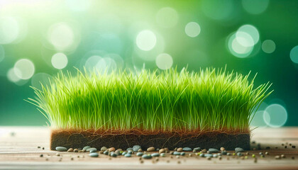 Fresh green grass front view in blur bokeh nature background in sunny summer day