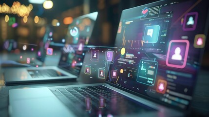 Poster - a close-up shot of a laptop with a bright, colorful interface on the screen, showcasing icons of a p