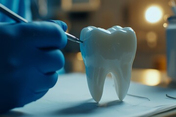 During a consultation, the dentist shows the anatomy of a tooth.