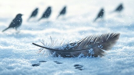 Canvas Print -  Feather, bird, snowflakes, sky, flying, ground