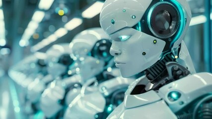 Poster - Line of advanced humanoid robots in a futuristic factory setting. Concept of AI, robotics, and industrial automation.