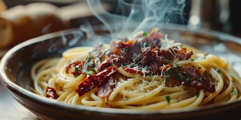 Wall Mural - Spaghetti Dish with Sun Dried Chili and Crispy Bacon