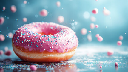 Pink bright matte sweet donut with multi-colored sprinkles.
Delicious glazed donuts on a colorful fantasy background. AI generation