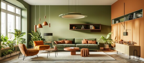 italian modern living space, olive green and terracotta, elegantly lit.