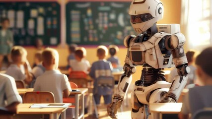 Poster - Robot teacher assisting children in a classroom, demonstrating the future of AI in education. Represents the integration of technology into traditional learning environments.