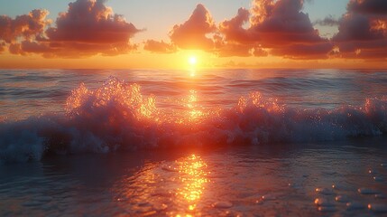   A stunning sunset on a tranquil body of water featuring a captivating wave in the foreground and fluffy clouds overhead