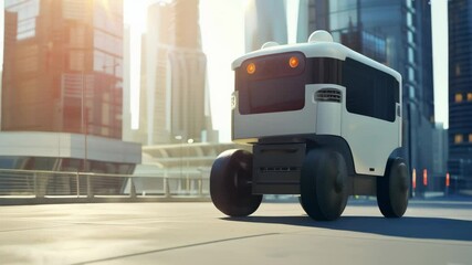 Poster - Small delivery robot on wheels in a futuristic city, symbolizing urban automation and future transportation.