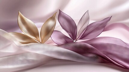 Poster -   A zoomed-in image showcases a bright pink and shimmery gold flower against a white and pink silk backdrop A gold and silver blossom gracefully adorns the