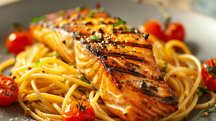 a delicious meal featuring a piece of grilled salmon placed on top of spaghetti. The dish is garnished with herbs and accompanied by cherry tomatoes