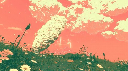 Wall Mural -   A digital painting of a field with an odd object and a pink backdrop