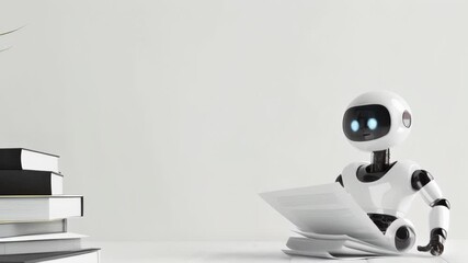 Poster - Small educational robot reading documents in a minimalist setting, symbolizing the future of AI in education. Technology and learning