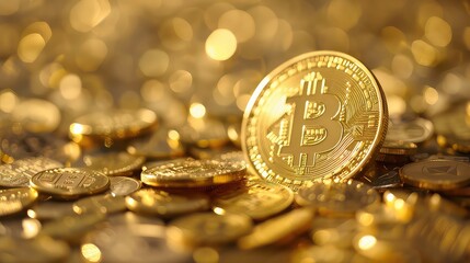 A close-up of a golden Bitcoin coin surrounded by other crypto coins with a blurry golden background.