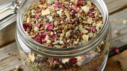 Wall Mural - A glass jar filled with dried herbs, spices