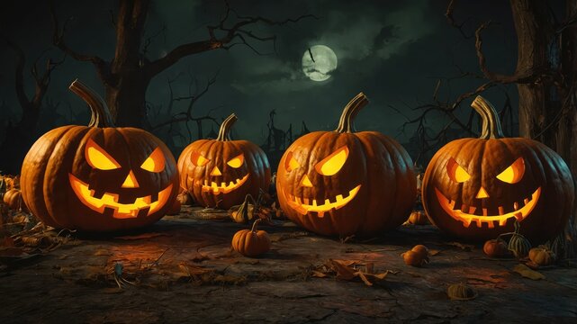 Halloween Pumpkins with different facial expressions glowing in the dark at Haunted house
