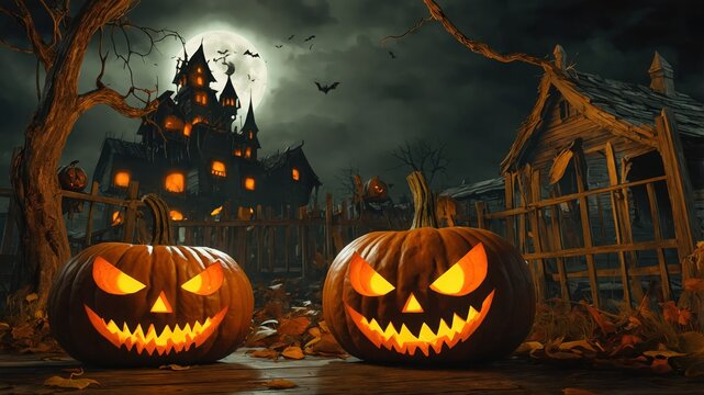 Halloween Pumpkins with different facial expressions glowing in the dark at Haunted house