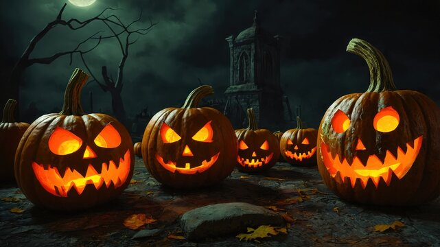 Halloween Pumpkins with different facial expressions glowing in the dark at Haunted house