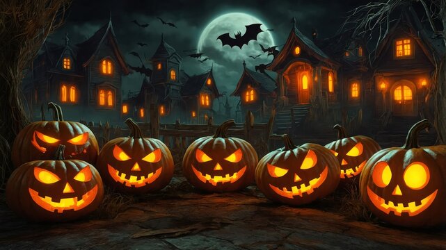 Halloween Pumpkins with different facial expressions glowing in the dark at Haunted house