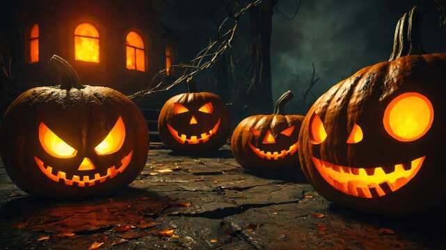 Halloween Pumpkins with different facial expressions glowing in the dark at Haunted house