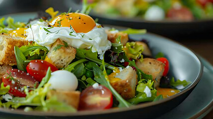 Poster - a close-up of a delicious salad dish. It features mixed greens, cherry tomatoes, croutons, and a poached egg on top, with the yolk slightly running