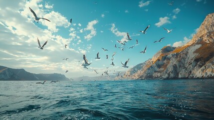 Wall Mural -   A flock of seagulls flies over the sunlit body of water beside the rocky cliff