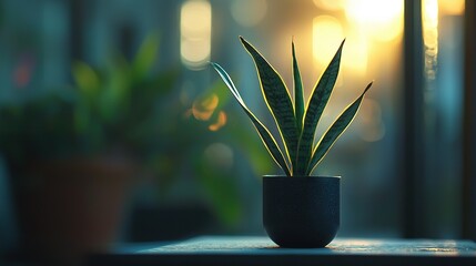 Wall Mural -   A potted plant sits on a table in front of a sunlit window