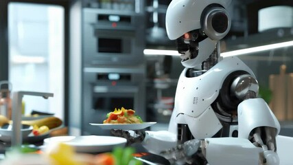 Poster - Robot chef preparing a dish in a modern kitchen. Advanced technology in culinary arts highlighting artificial intelligence and robotics in everyday life.