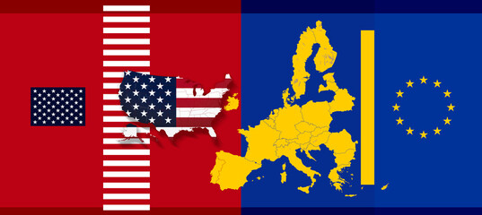 Wall Mural - outline states-borders map as creative abstract background as the flag of the United States of America, stars and stripes combined with the design as the flag of the European Union, Europe, EU, diplom