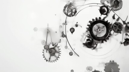 Poster - Minimalistic black and white abstract mechanical gears on a white background. Concept of industrial innovation and engineering.
