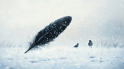 Wall Mural -   Two birds stand in snow, with large feather upfront, another behind