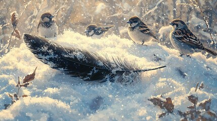 Canvas Print -   A painting of a flock of birds perched atop a mound of snow adjacent to a solitary feather atop another mound of snow