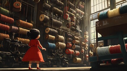 A Girl Stands in a Factory Filled with Spools of Thread