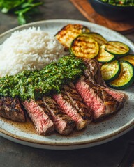 Wall Mural - Grilled Steak with Chimichurri, Rice, and Zucchini. Generative AI.