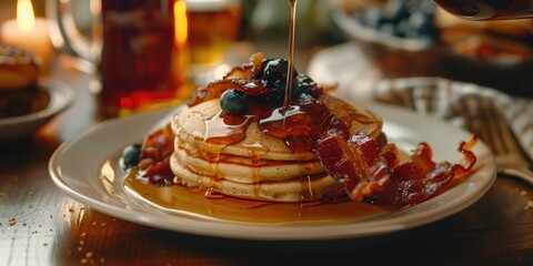 Fresh homemade pancakes with crispy organic bacon and blueberry fruit butter drizzled with honey maple syrup for a delicious sweet morning breakfast in American traditional style