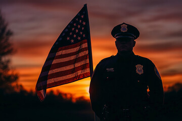 Silhouette of police man with USA flag against the sunset.