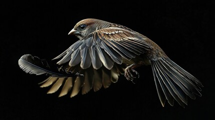 Canvas Print -   A bird flies in the air with extended wings spread wide on a black background