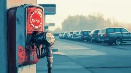 Gas pump with No Fuel sign, abandoned fuel station scene, empty cars in line, soft pastel colors, oil painting style