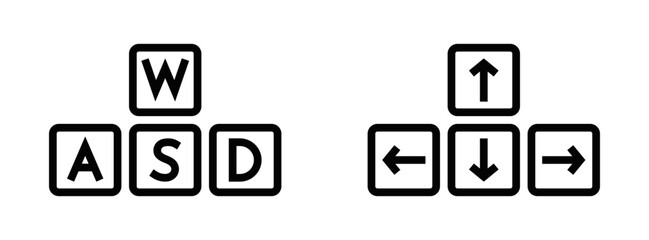 Minimalist black and white line icons of arrow keys and WASD keys, representing gaming controls and keyboard shortcuts. Vector illustration. Editable stroke.