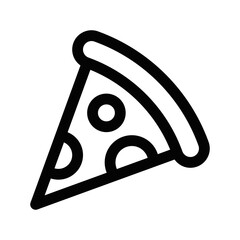 Minimalist black and white line icon of a pizza slice with toppings, representing fast food and Italian cuisine. Vector illustration. Editable stroke.