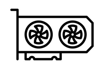 Wall Mural - Black and white line icon of a graphics card with dual fans, representing computer hardware, gaming, and technology. Vector illustration. Editable stroke.