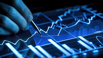 Poster - A hand uses a stylus to navigate a glowing purple graph on a tablet screen, showing an upward trend in business or finance.
