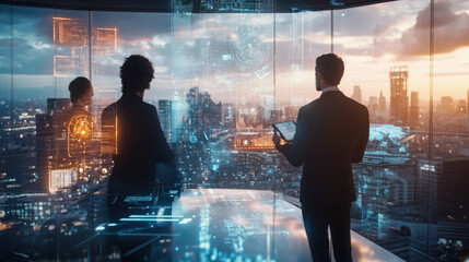 Business executives analyzing digital data in futuristic office overlooking cityscape at sunset, transparent screens, tech interface