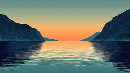 Canvas Print -   A vast expanse of water, dotted by towering mountains far away, and bathed in the warm colors of sunset