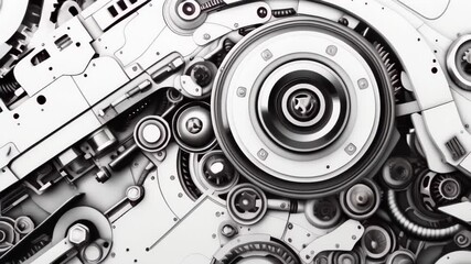Poster - Close-up of intricate mechanical gears and components in monochrome. Concept of robotics, engineering, and industrial machinery technology.