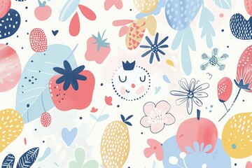 Wall Mural - The children's illustration style features colorful patterns with dreamy illustrations, creating an overall soft color scheme. 