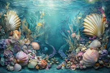 Wall Mural - Underwater mermaid kingdom with shimmering seashells, coral reefs, and magical sea creatures 