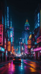 Wall Mural - Blurred neon city lights in motion