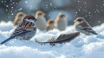 Sticker -   Birds perched on snow pile with feather nearby