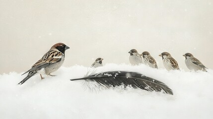 Poster -   A flock of birds perched atop a snow mound beside a black bird with a feather in its beak