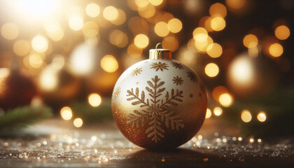 Silver Golden colored Christmas ball bauble with gold snowflake ornaments, all within a bokeh effect bright lights background, wallpaper illustration, marketing advertisement promotional image